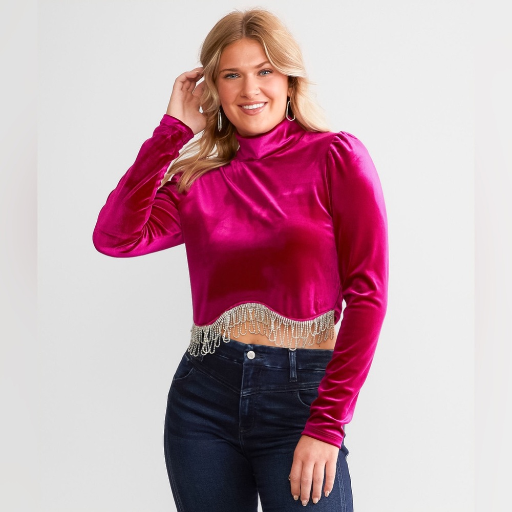 Betsey Johnson Velvet Crop Top Size XS | Y2K Glam Rhinestone Fringe